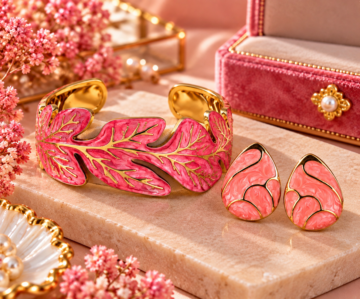 Bracelet réglable et boucle d'oreille rose