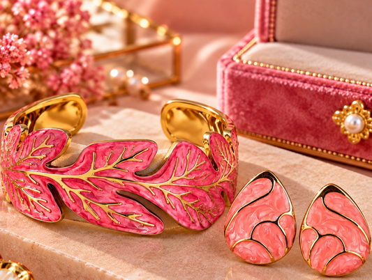 Bracelet réglable et boucle d'oreille rose